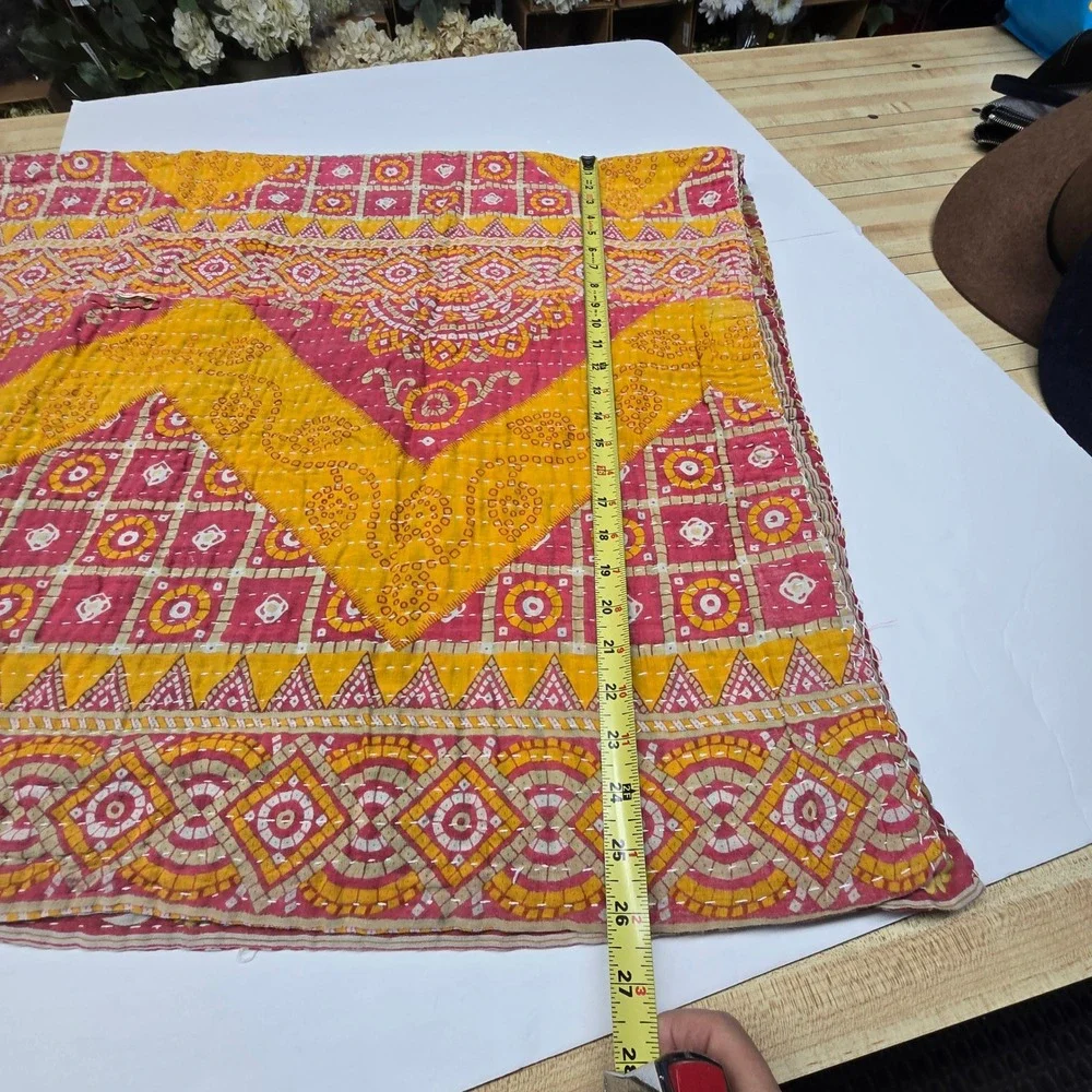 Kantha Throw Blanket Pink Yellow 52x43 Reversible Floral Geometric Boho‎ Cottage